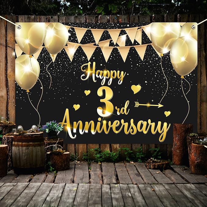 HAMIGAR 6x4ft Happy 3rd Anniversary Banner Backdrop - 3 Wedding Anniversary Decorations Party Supplies - Black Gold