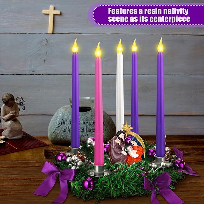 Tioncy 12 Inch Christmas Advent Wreath Candle Holder with 5 Flameless Candles Remote Control Wreaths Holder Centerpiece Decoration with Berries(Nativity Scene,11 x 0.8 x 0.8 in)