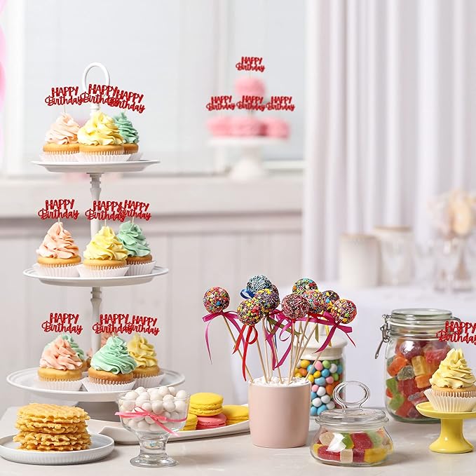 Gyufise 24pcs Happy Birthday Cupcake Toppers - Glitter Cupcake Food Picks for Celebrating Theme Party Cake Decorations - Red