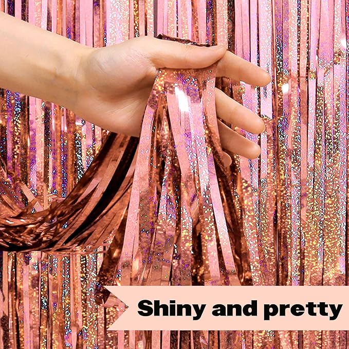 3 Pack Rose Gold Foil Fringe Curtains Backdrop, 3.28 x 8.2 Ft Metallic Streamers Tinsel Curtains Background for Photo Booth, Birthday, Christmas, Halloween, Thanksgiving, New Year Party Decorations