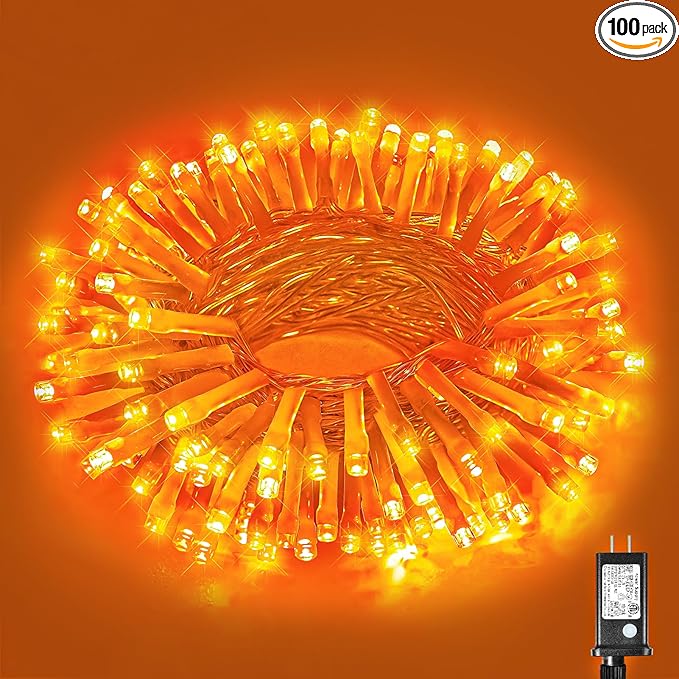 Vivideal 100 LED Orange Christmas Lights Outdoor Waterproof 33ft String Lights Indoor 8 Modes Clear Wire, Plug in Orange String Light for Xmars Tree Bedroom Thanksgiving Decorations
