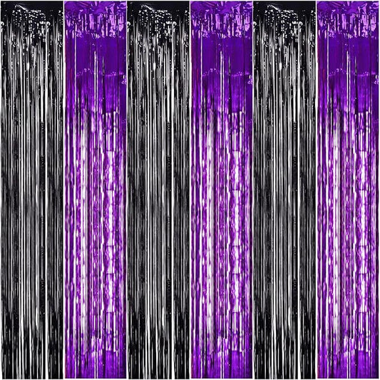 TONIFUL 2Pcs Black Purple Door Streamers,Photo Booth Backdrop Metallic Streamers Foil Fringe Curtains for Birthday Christmas New Year Bachelorette Halloween Party Streamers Decor