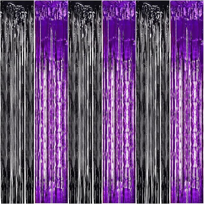 TONIFUL 2Pcs Black Purple Door Streamers,Photo Booth Backdrop Metallic Streamers Foil Fringe Curtains for Birthday Christmas New Year Bachelorette Halloween Party Streamers Decor