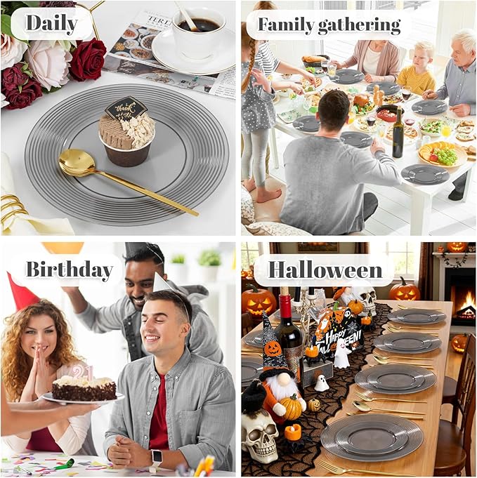 FLOWERCAT 100PCS Clear Black Plastic Plates Disposable Plates for Party - Heavy Duty Plastic Plates - 10" &7" Plate for 50 Guests Halloween Parties and Events (Smoke Gray)