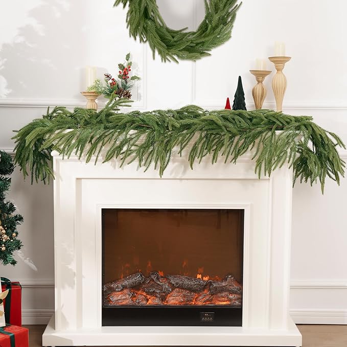 U'Artlines 1Pcs Christmas Norfolk Pine Garland, 9 Ft Xmas Faux Greenery Garland Real Touch Winter Cedar Garlands for Table Stairs Mantle Fireplace Holiday Decoration