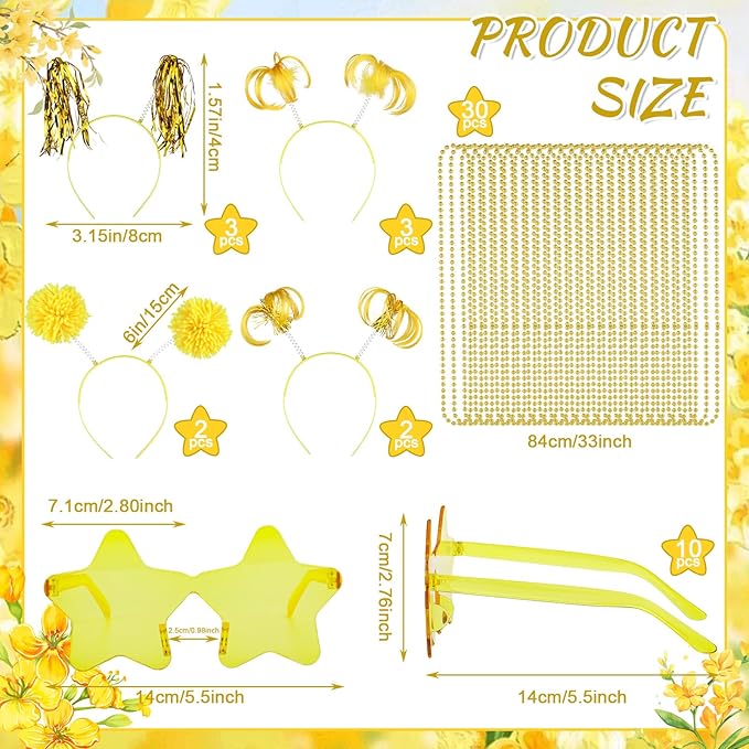 50 Pcs Light Yellow Holiday Team Spirit Party Accessories Pom Pom Party Headbands Star Shape Sunglasses Bead Necklaces Stuff Favors for Birthday Wedding Supplies(Classic)