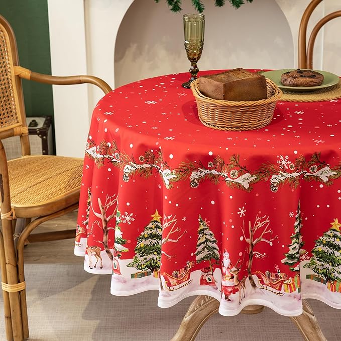 Christmas Waterproof Tablecloth – Red Holiday Table Cover with Santa Claus, Reindeer, Tree & Snowflake Design – Festive Dining Decor for Christmas Party and Home, 60" Round