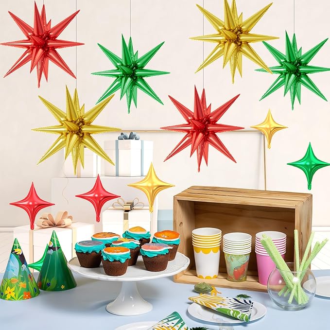 18 Pcs Red Green Gold Star Balloons, Christmas Stars Foil Balloon with 6 Pcs 22-Inch Explosion Star Balloons 12Pcs 10-Inch Four Pointed Stars Balloon for Christmas Birthday New Year Party Decor