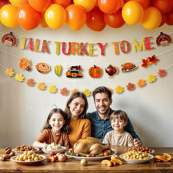 KatchOn, Talk Turkey to Me Banner - 10 Feet, 3 Strings, No DIY | Thanksgiving Turkey Banner for Thanksgiving Decorations, Friendsgiving Decor, Maple Leaf Garland for Party Supplies