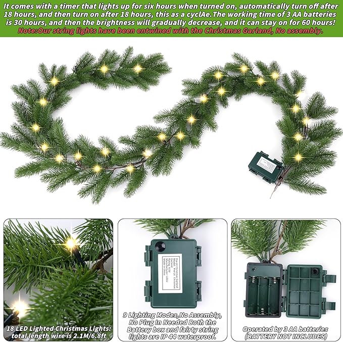 Christmas Garland with Lights, 70.9 Inch Lighted Garland, Realistic Greenery Norfolk Pine Garlands, 18 LED Lights Battery Powered, Timer Included Greenery Garlands for Mantle Christmas Decor