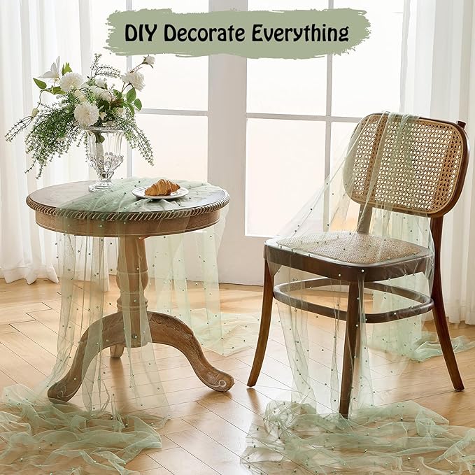 Fanami 6 Pack Pearl Table Runner -10FT Sage Green Boho Tulle Table Runners 120 Inches Long Rustic Sheer Lace Fabric Centerpieces for Wedding Arch Birthday Party Bridal Veil Baby Shower Decorations