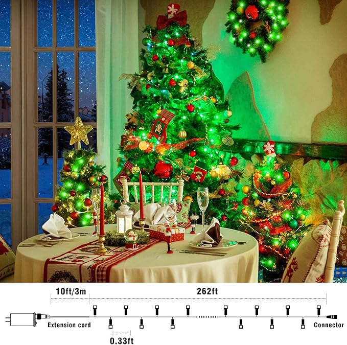 800 LED Christmas Lights Outdoor Indoor, String Lights for Outside with 8 Modes Waterproof, Plug in Twinkle Light Clear Wire for Xmas Tree, House, Garden, Party Decorations, Red Green