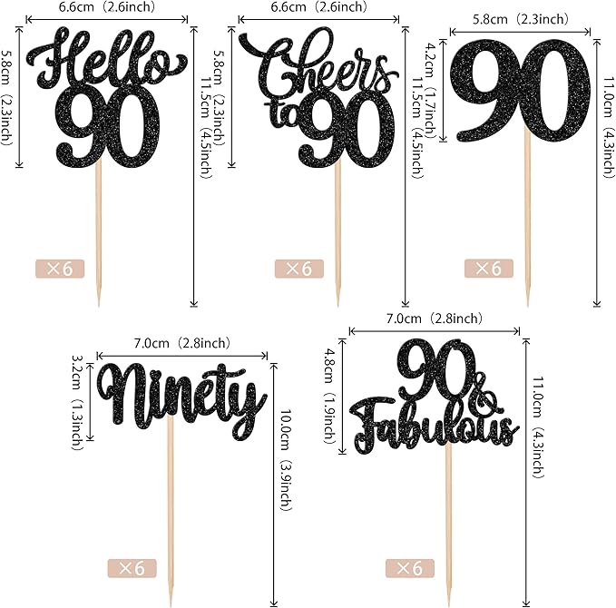 30PCS Happy 90th Birthday Cupcake Toppers Glitter Ninety Cheers to 90 Years Old Birthday Cupcake Picks Hello 90 Fabulous Cake Decorations for Happy 90th Birthday Anniversary Party Supplies Black