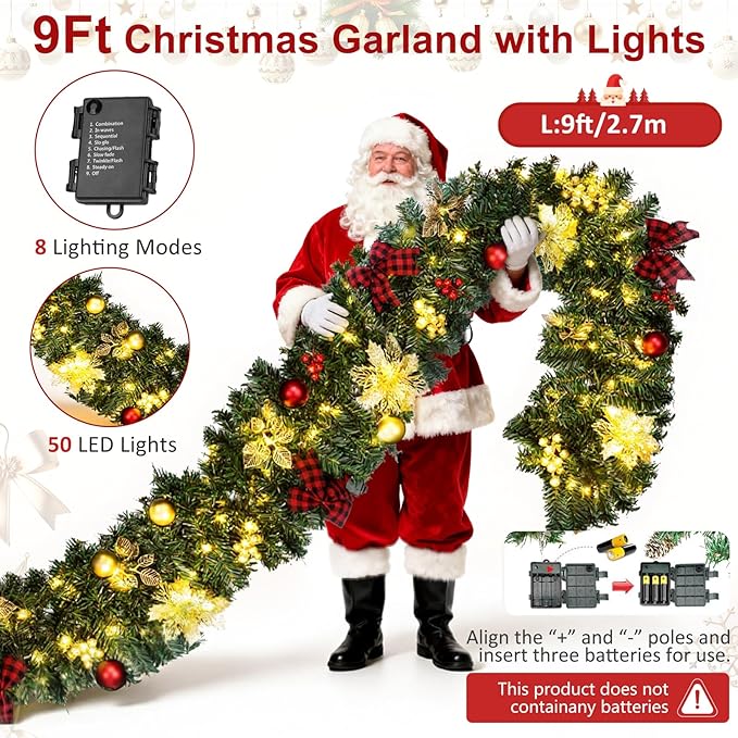 9FT Christmas Garland with Lights, Pre-Lit Garland for Christmas Decorations with, Bows, Berries, Balls, Flowers, Leaves, 50 LED Lights，Battery Powered Outdoor Indoor Christma Decorations