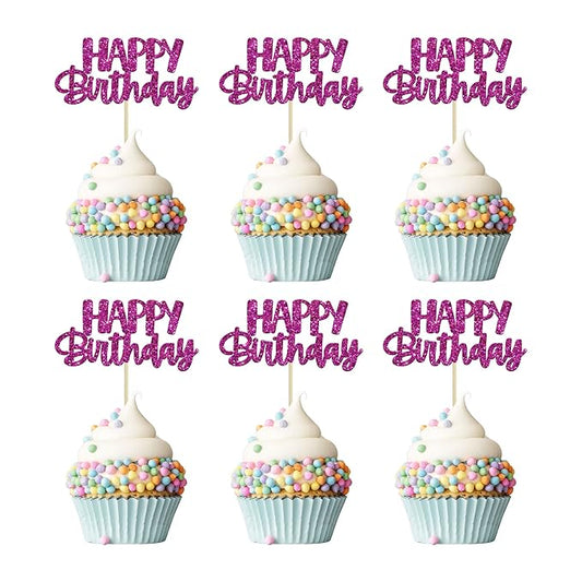 Gyufise 24Pcs Happy Birthday Cupcake Toppers Glitter Birthday Cupcake Food Picks for Celebrating Purple Theme Party Cake Decorations Supplies Purple