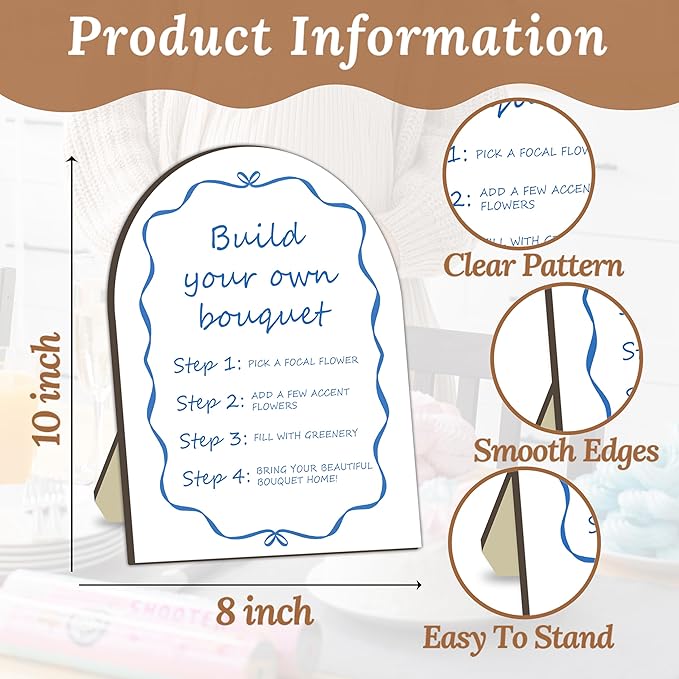 Blue Bow Ribbon Bouquet Bar Wooden Sign, Bride Shower Flower Bar Station, Baby Shower Bow Welcome Tabletop Sign Decor, Bridal Shower Bouquet Signs, Floral Table Signs for Gender Reveal Parties, 8x10