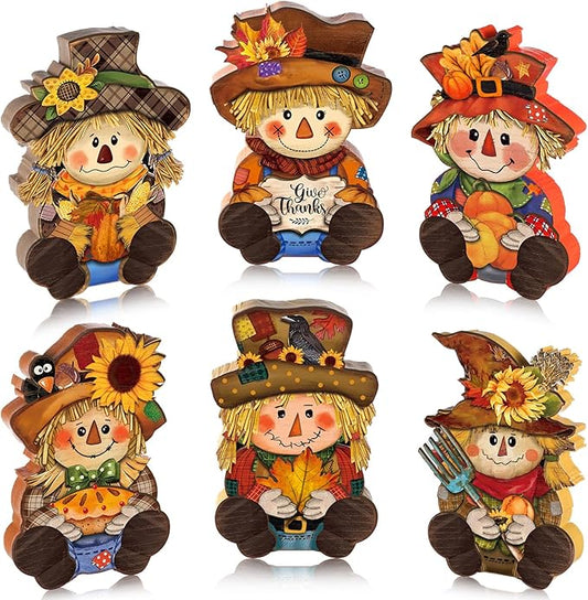 6 Pcs Thanksgiving Scarecrow Decorations Fall Wooden Scarecrow Table Centerpieces Autumn Standing Wooden Block Signs for Home Kitchen Tabletop Thanksgiving Tiered Tray Decor