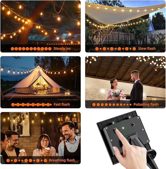 Kawaya Solar Powered String Lights: 50 FT LED Outdoor Patio Hanging Lights With 25+2 Edison Bulbs - USB-Charging - IP65 Waterproof