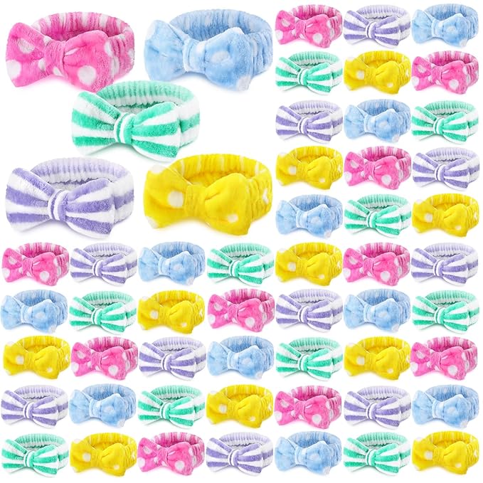 50 Pcs Pink Spa Headband Bulk Spa Sleepover Party Supplies for Washing Face with Removable Bow Makeup Elastic Bowknot Headband for Women Gifts Skincare Microfiber Hairband(Fresh Style)