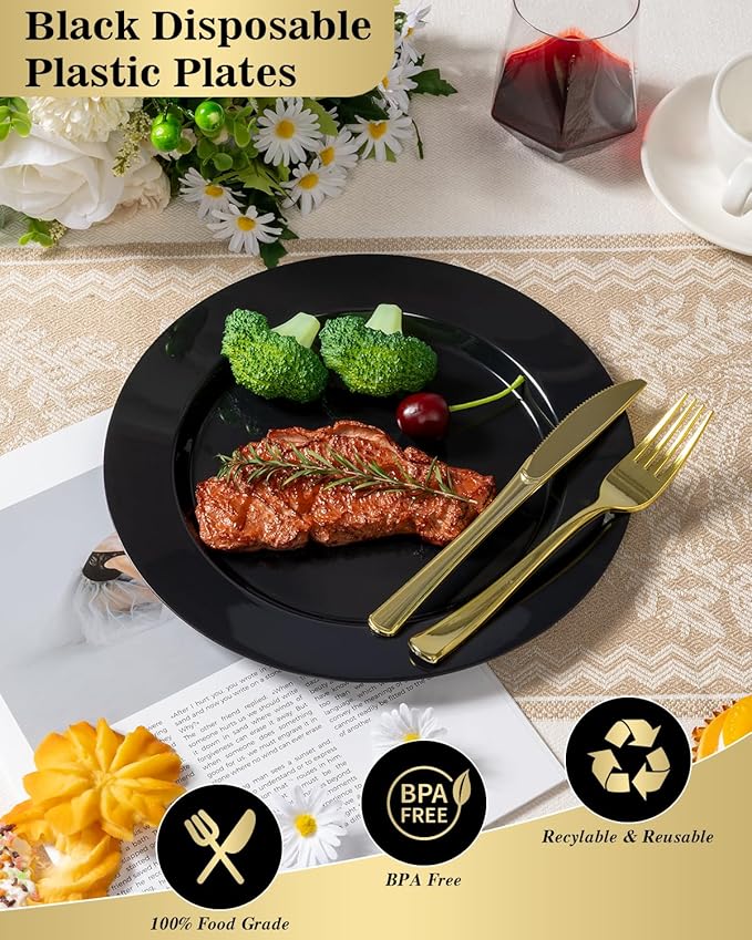 BESTVIP 50PCS Black Plastic Plates, 10.25 Inch Disposable Dinner Plate Party, Heavy Duty Disposable Plastic Plates - Ideal for Halloween Parties, Wedding and Birthday, Everyday Meals Use