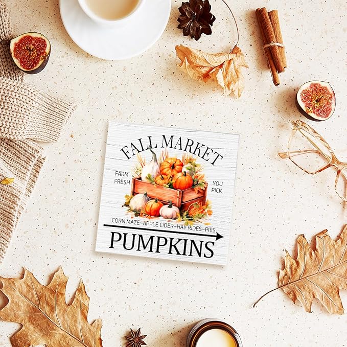 Funny Autumn Wood Box Sign Fall Market Pumpkins Wooden Block Desk Decor for Home Office Kitchen Cubicle Table Shelf Tabletop,Farmhouse Fall Sign Decor