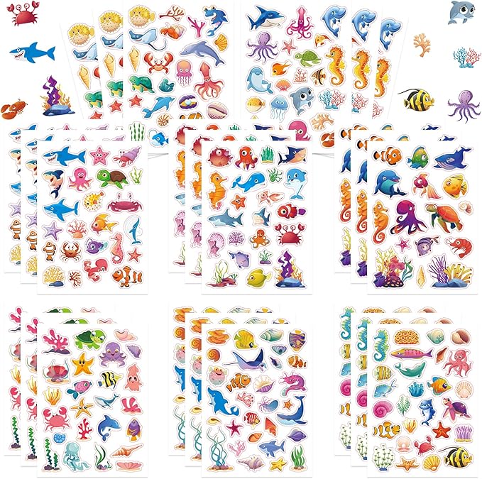 24 Sheets Ocean Stickers for Kids, 564 Pcs Under The Sea Animal Stickers Bulk Preschool Sticker Sheets for Reward Craft Scrapbooking Water Bottles Gifts Bags Cards Envelopes Decor
