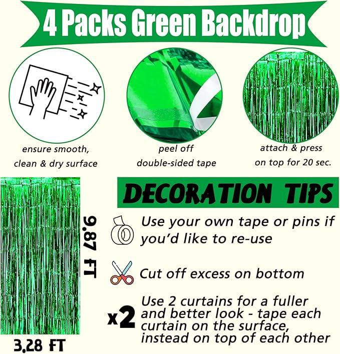 4 Pack Green Fringe Curtain Backdrop, 3.2Ft x 9.8Ft Metallic Tinsel Foil Fringe Streamers Background for Photo Booth Birthday Wedding Baby Shower Carnival Easter Mother’s Day Party Decorations
