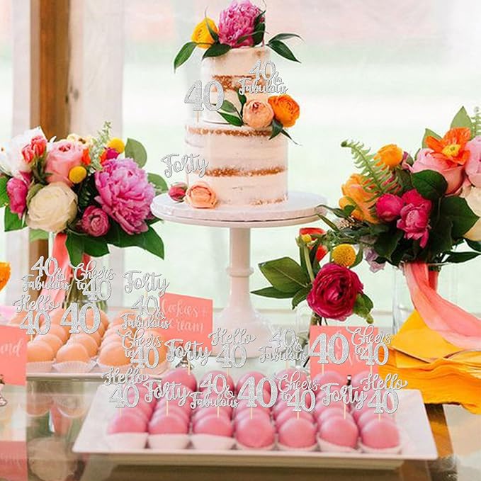 30PCS Happy 40th Birthday Cupcake Toppers Glitter Hello 40 Fabulous Forty Cheers to 40 Years Old Birthday Cupcake Picks for Happy 40th Birthday Anniversary Party Cake Decorations Supplies Silver