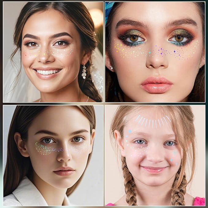 16 Pcs Glitter Freckles Face Tattoo, Holographic Sparkle Makeup Patches, Glitter Speckles Temporary Tattoos for Women, Kids, Concert, Festival, Carnival Party, Rave Accessories(10 Sheet)