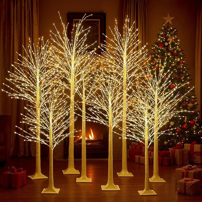 Baquler 8 Pack Lighted Birch Tree - Large Christmas Warm-White LED 8 Mode Light Birch Tree Decoration Set for Thanksgiving Holiday Fall Winter Party Decor, Indoor & Outdoor (4 5 6 8 ft)