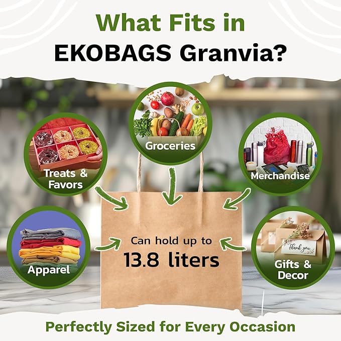 2.500 PACK | EKOBAGS Granvia |10x7x12 inches | Kraft Paper Gift Bags with Handles | 115 GSM Brown Paper Bags for Small Business, Shopping & Party Favors | Recyclable | Holds up to 13.8L/8 lbs