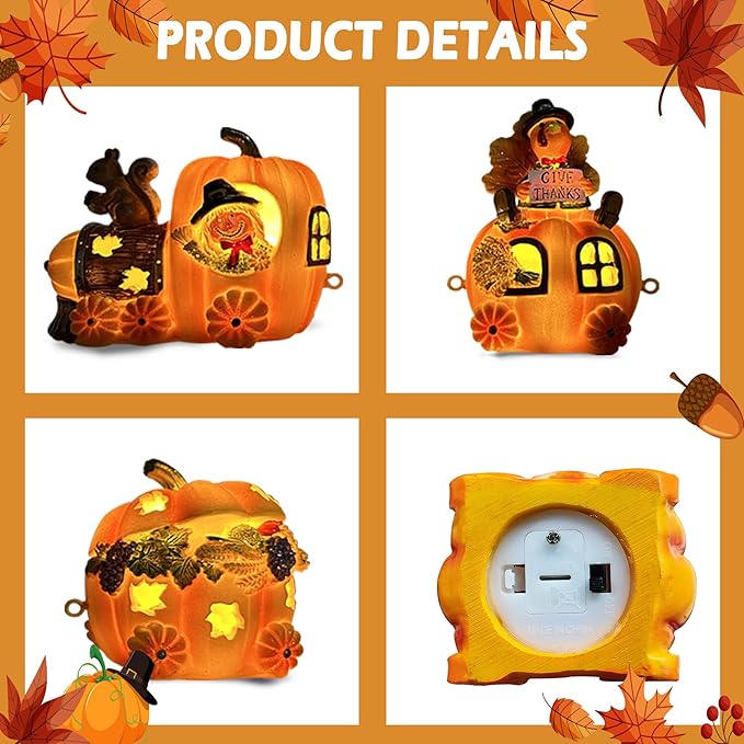 Hexagram Thanksgiving Decorations Indoor - Turkey Decor Thanksgiving Table Decorations - Lighted Turkey Pumpkin Train Decor - Pumpkin Figurines Centerpieces for Tables - Light Up Home Tabletop