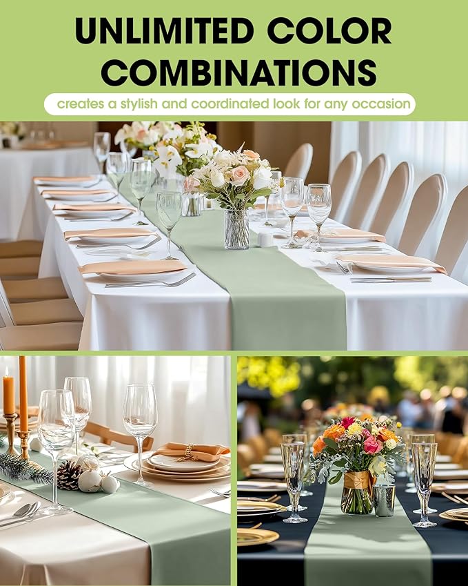 Pureegg Sage Green Plastic Table Runners - 12 Pack, 14'' x 108'', Water Resistant & Disposable Centerpiece Decorations for Table Cloth, Wedding, Birthday, Holiday, Baby Shower, Party, Home Decor
