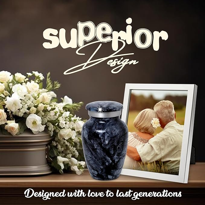 Small Keepsake Urn for Human or Pet Ashes – Handcrafted Dark Black Marble Mini Urn with Velvet Bag & Gift Box | Durable Metal Memorial Token Jar for Baby, Infant, Pet or Loved One – 3 Cu in