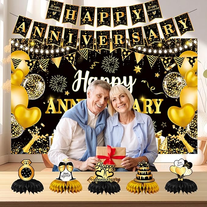 Happy Anniversary Decorations, Black and Gold Wedding Happy Anniversary Party Supplies - Happy Anniversary Banner,Backdrop 5.9 x 3.6Ft with 5pcs Honeycomb Centerpiece Decor