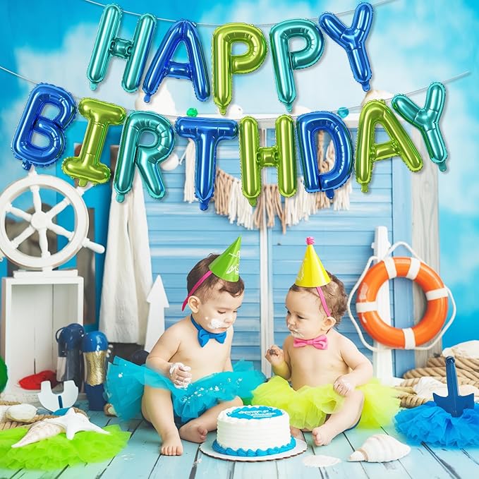 Blue and Green Happy Birthday Balloon Banner, 16 Inch Teal Blue and Lime Green Happy Birthday Bunting Banner Letter Foil Balloons for Boys Ocean Under the Sea Theme Birthday Party Decorations Supplies