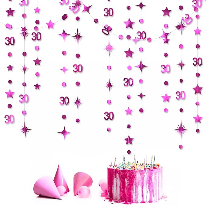 Hot Pink 30th Birthday Decorations Number 30 Circle Dot Twinkle Star Garland Glitter Hanging Streamer Bunting Banner Backdrop for Women Mens Dirty Thirty Cheers to 30 Years Anniversary Party Supplies
