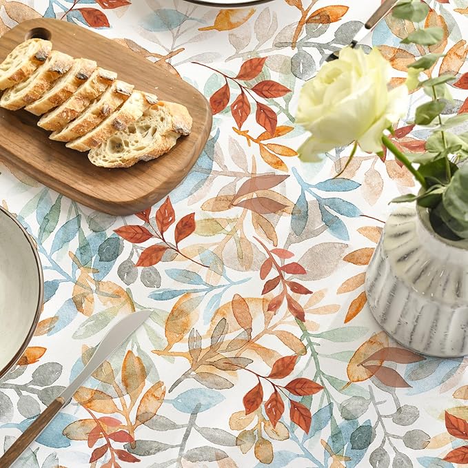 Horaldaily Fall Tablecloth 90×90 Inch Round, Thanksgiving Autumn Harvest Orange Blue Watercolor Leaf Table Cover for Party Picnic Dinner Decor
