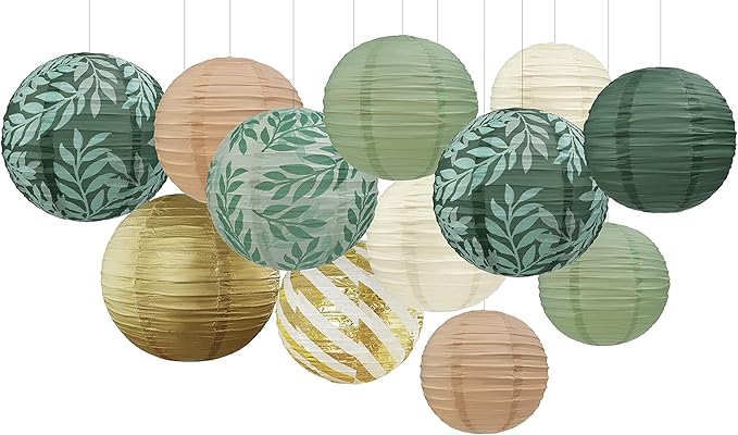 Sage Green Back to School Hanging Paper Lanterns Decorative, 12PCS Sage Green and Gold Forest Birthday Party Decoration with Hooks and Ropes Bridal Shower Wedding Home Decor