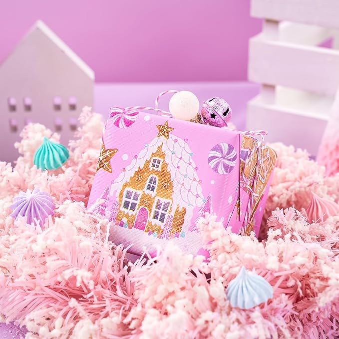 WRAPAHOLIC Reversible Gingerbread Christmas Wrapping Paper - Mini Roll - 17 Inch x 33 Feet - Pink Gingerbread House and Snowflake with Embossed for Christmas, Holiday, Party Celebration