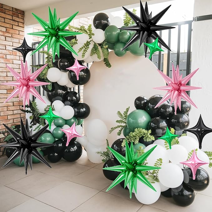 18 Pcs Pink Green Star Balloons, Black Green Pink Balloon with 6 Pcs 22-Inch Explosion Star Balloons 12Pcs 10-Inch Four Pointed Stars Foil Balloon for Wedding Forest Spring Birthday Party Decor