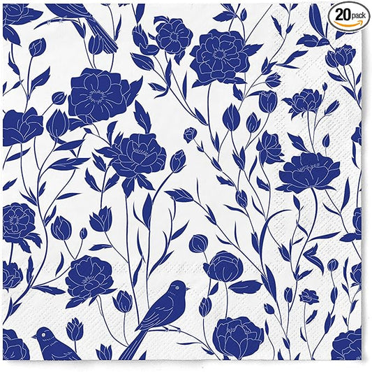 20 Pack Designer Paper Napkins, 3-Ply 6.5x6.5-inches Disposable Decorative Blue and White Porcelain Lunch Cocktail Napkin for Wedding Event/Birthday/Anniversary Party/Baby Shower
