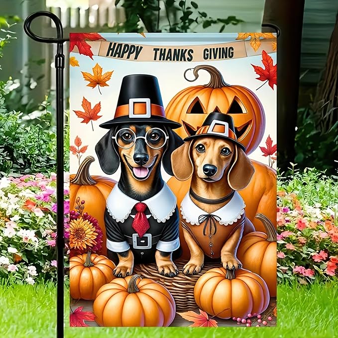 Thanksgiving Dachshund Garden Flag 12x18 Double Sided Fall Harvest Dog Lover Yard Flag Autumn Pumpkin Outdoor Decorations Cute Pilgrim Dogs Welcome Banner Farmhouse Thanksgiving Garden Decor
