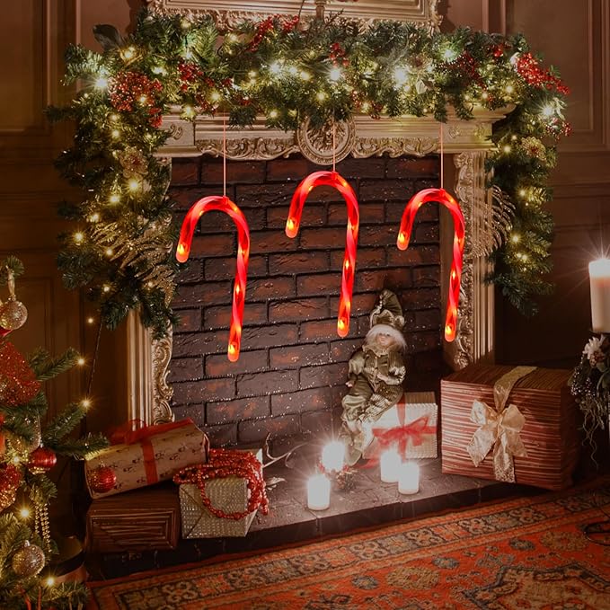 3 Pack Christmas Window Lights Decorations with Timer,Battery Powered Red Lighted Candy Cane LED String Sucker for Xmas 2026 Hanging Fireplace Window Indoor Decor