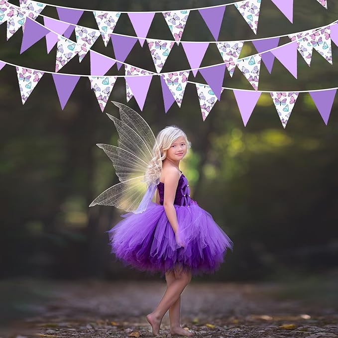 32Ft Pink Purple Butterfly Triangle Flag Fabric Banner Pennant Garland Streamer for Birthday Wedding Baby Shower Lavender Mermaid Girls Tea Party Decor