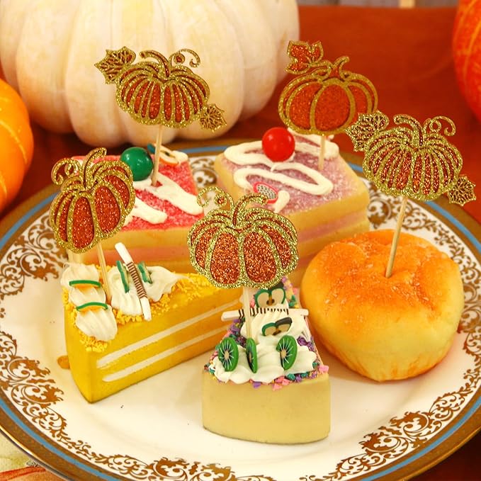 Glitter 24Pcs Pumpkin Cupcake Toppers Thanksgiving Cupcake Toppers Fall Theme Cupcake Picks for Thanksgiving Day Harvest Pumpkin Theme Baby Shower Birthday Cake Decorations Party Supplies