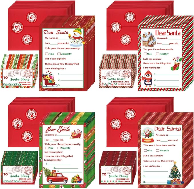 Cholemy 192 Pcs Official Letter to Santa Kit Including 48 Pcs Christmas Cards with Coordinating 48 Pcs Red Envelopes 48 Pcs Stamps 48 Pcs Stickers 5 x 7 Letter to Santa for Christmas Wish List Kids