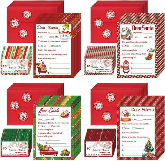 Cholemy 192 Pcs Official Letter to Santa Kit Including 48 Pcs Christmas Cards with Coordinating 48 Pcs Red Envelopes 48 Pcs Stamps 48 Pcs Stickers 5 x 7 Letter to Santa for Christmas Wish List Kids