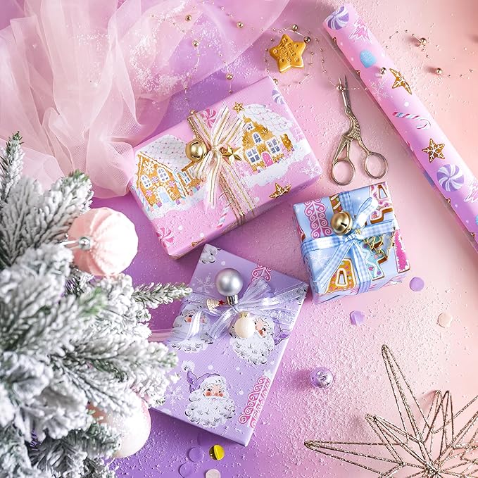 WRAPAHOLIC Christmas Wrapping Paper Set - Pastel Pink Purple Gingerbread House and Santa Wrapping Paper with Embossed Bundle with Gift Bow & Ribbon & Tag & Sticker