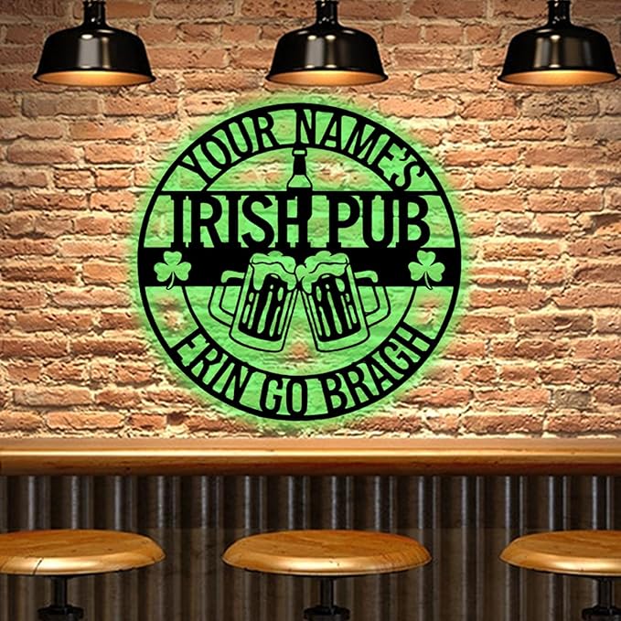 Custom Bar Metal Sign - Personalized Irish Pub Tavern Wall Art with LED Lights, Vintage Metal Plaque for Bar Basement Decor, St. Patrick's Day Decorations and Gifts for Men, Dad, Papa, Beer Lovers